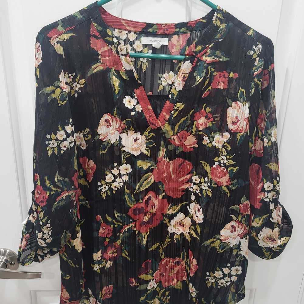 Floral V-Neck Blouse - Black and Red  slightly sheer size S